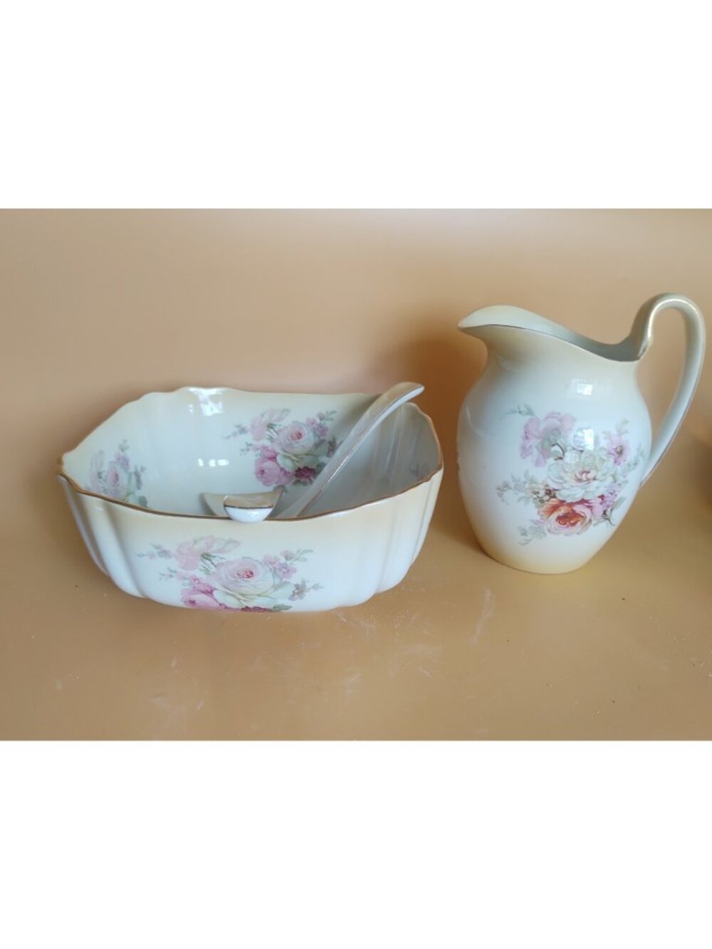 Vintage Old Foley Large Serving bowl, Spoons & Pitcher 1950's